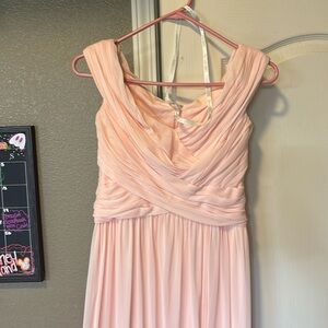 Off the shoulder, floaty, bridesmaids dress David’s bridal